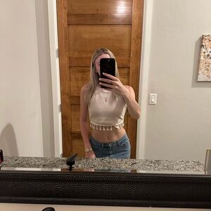 Women’s Cream Tassel Hem Cropped Tank Top